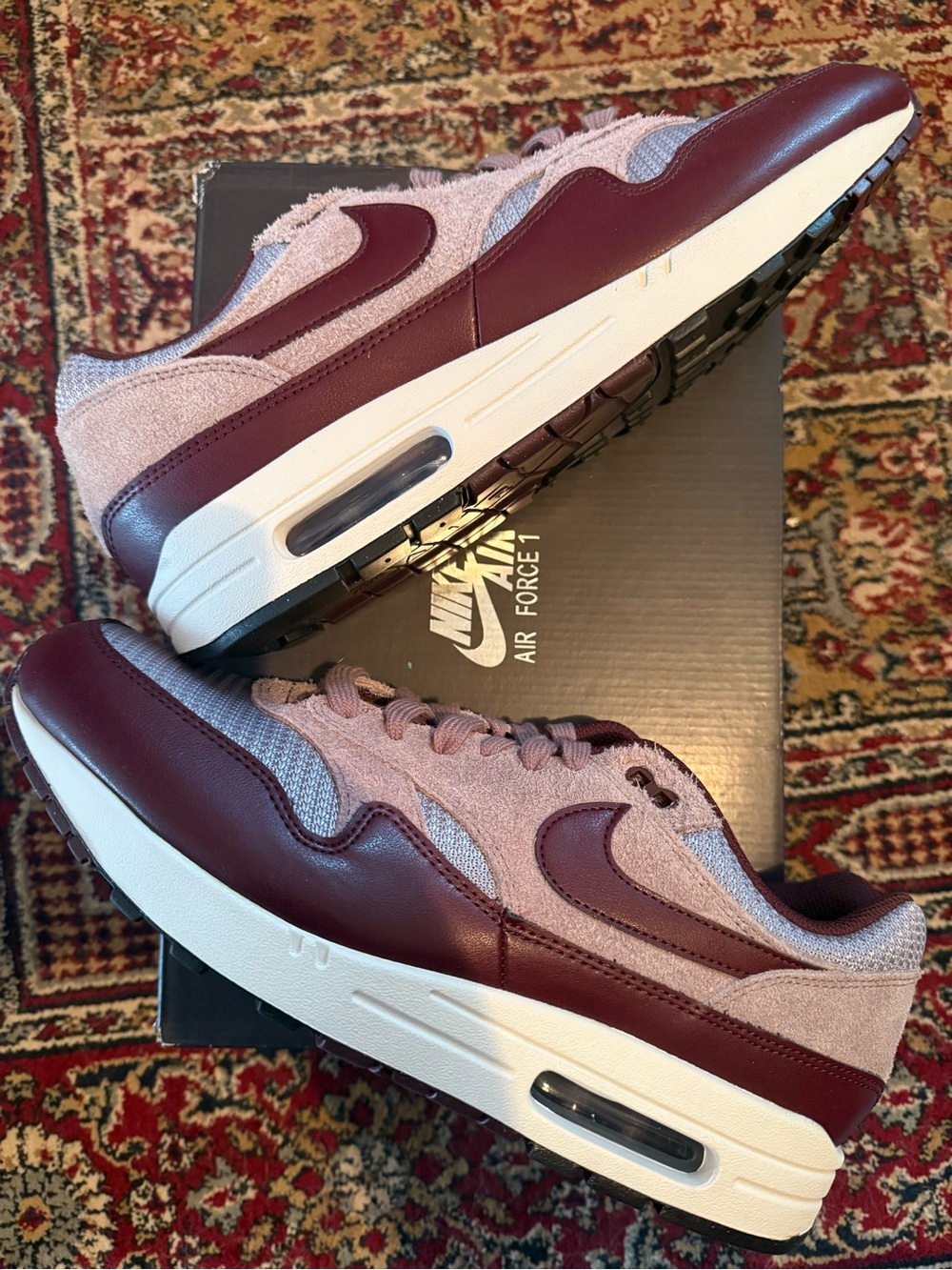 Nike Air Max 1 Essential PRM Cement Grey Burgundy Crush -  and Light Pink
